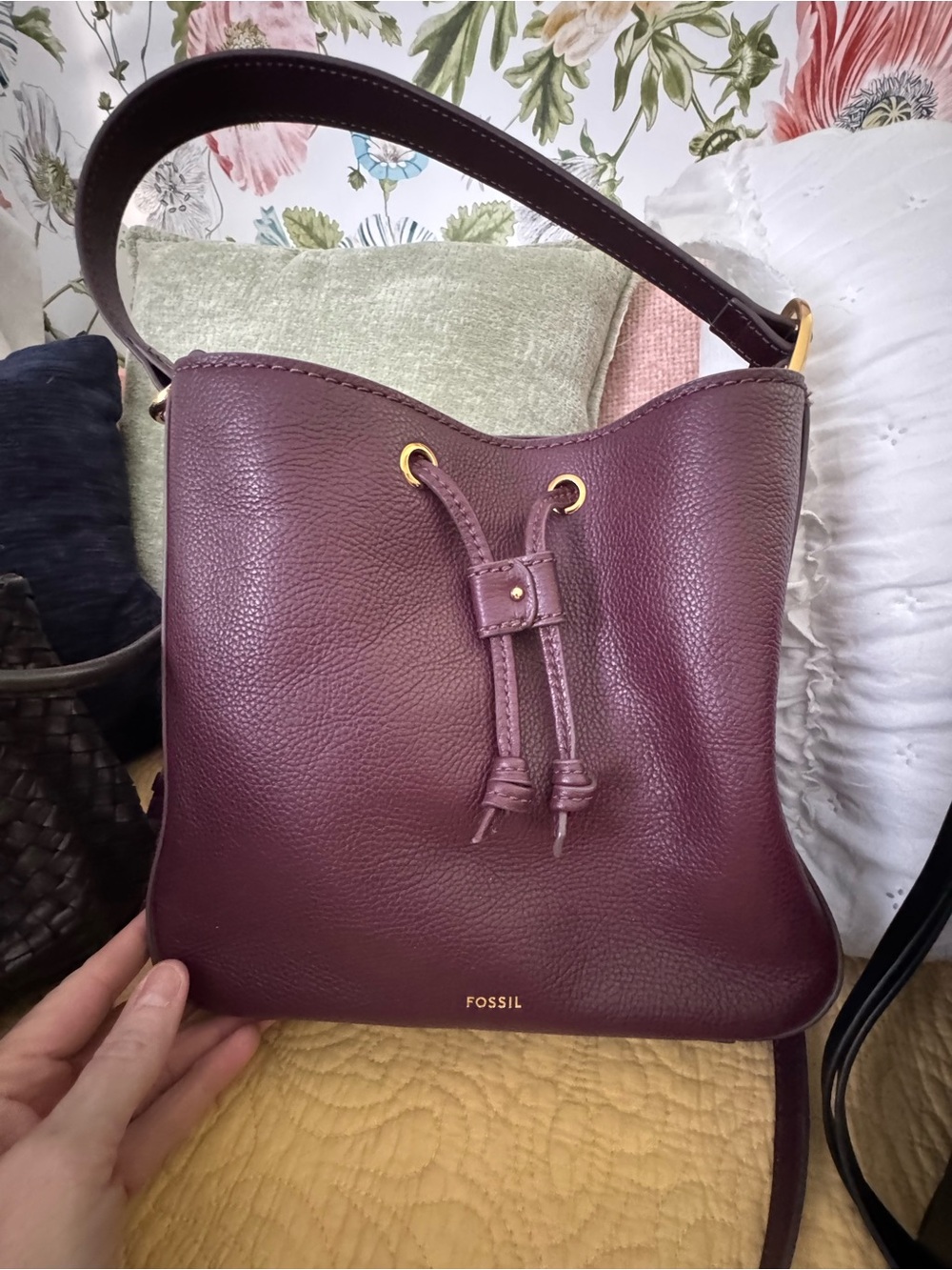 Fossil Women's Plum Leather Drawstring Shoulder Bag
